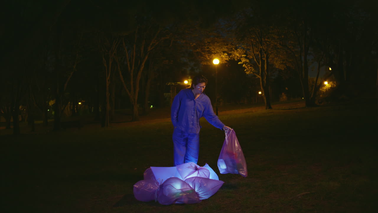 mujer elegante participando en la limpieza del parque por la noche iluminada por farolas.