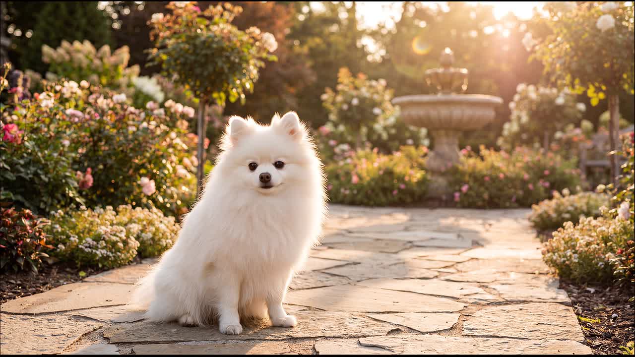Anjing Pomeranian putih yang lucu duduk dan berdiri di taman yang cerah.