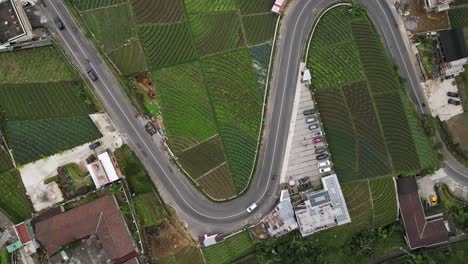 Aerial-view,-rural-scenery-on-the-slopes-of-Mount-Lawu,-fields-and-winding-roads-located-in-Tawangmangu,-Indonesia