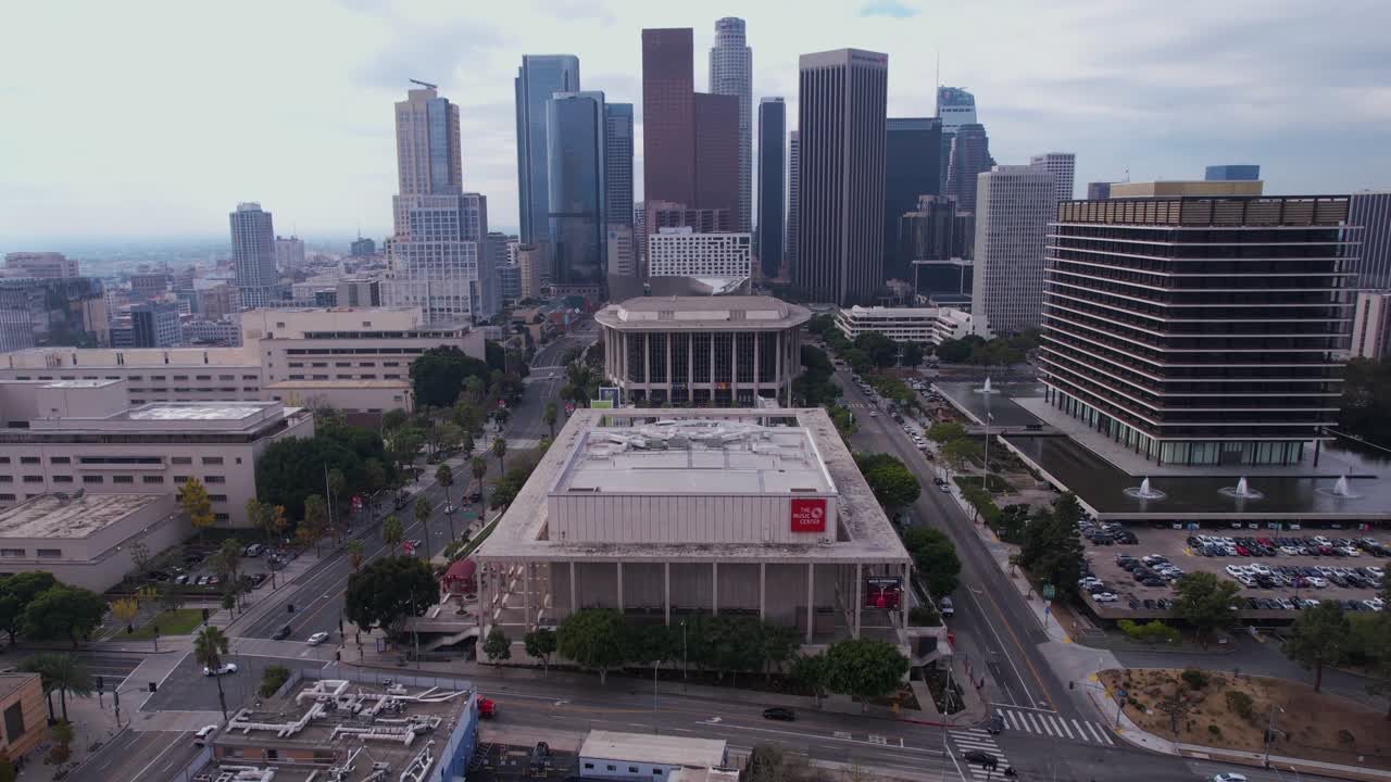 Aerial view of Downtown Los Angeles skyline and Music Center
