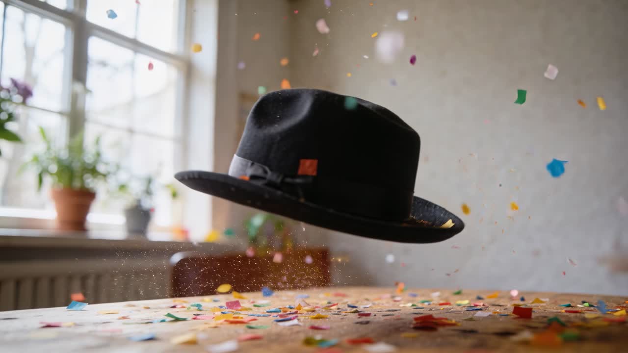 Sombrero fedora de fieltro negro flotando y girando sobre una mesa de madera junto a una ventana, mientras cae confeti.