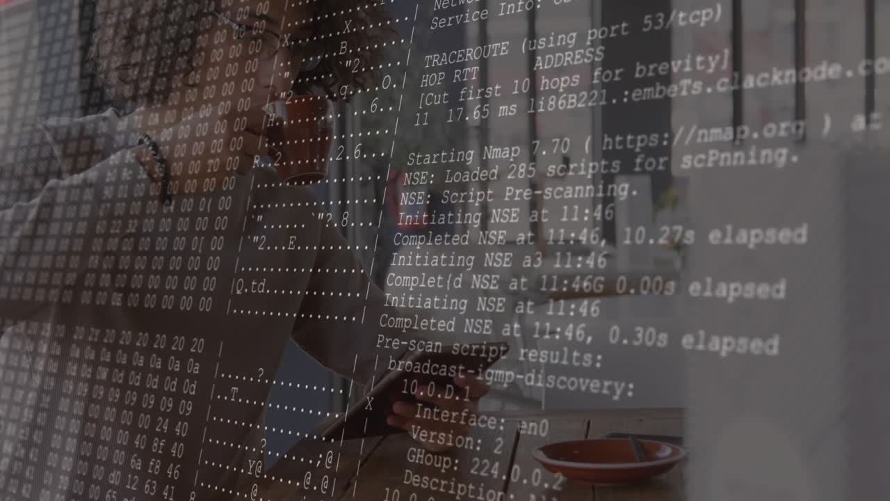 Man lifting coffee cup and rotating tablet, displaying cyber scan results on transparent overlay