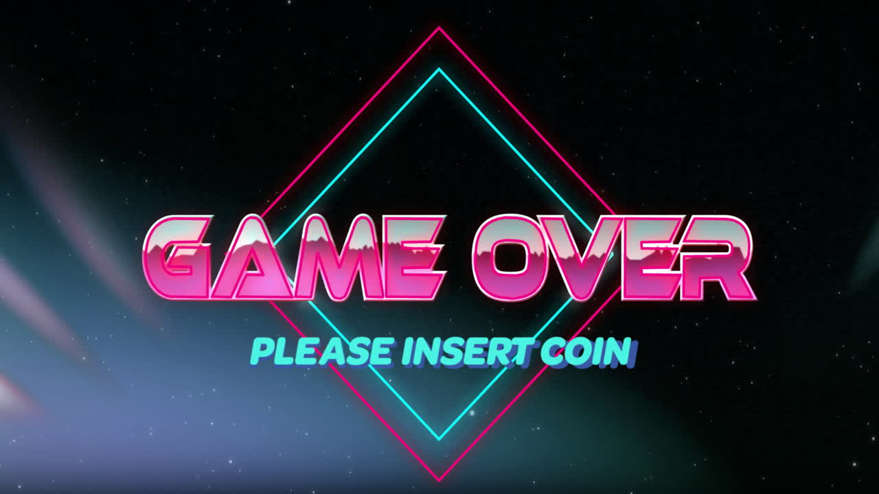 Animation of retro Game Over text with Please Insert Coin on neon shapes