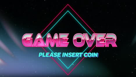 animation of retro game over text with please insert coin on neon shapes