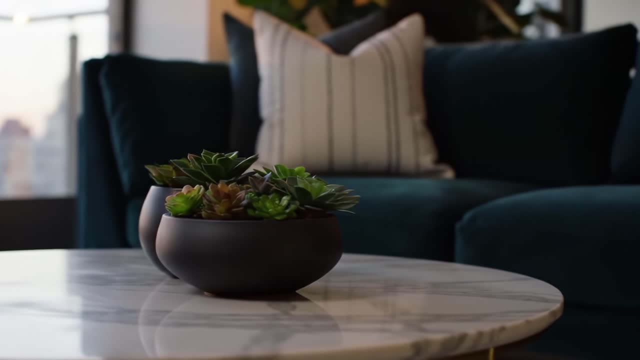A Stylish Living Room Scene Featuring Elegant Marble Coffee Table with Succulent Plants and Modern Sofa, Highlighting Sophisticated Urban Interior Design