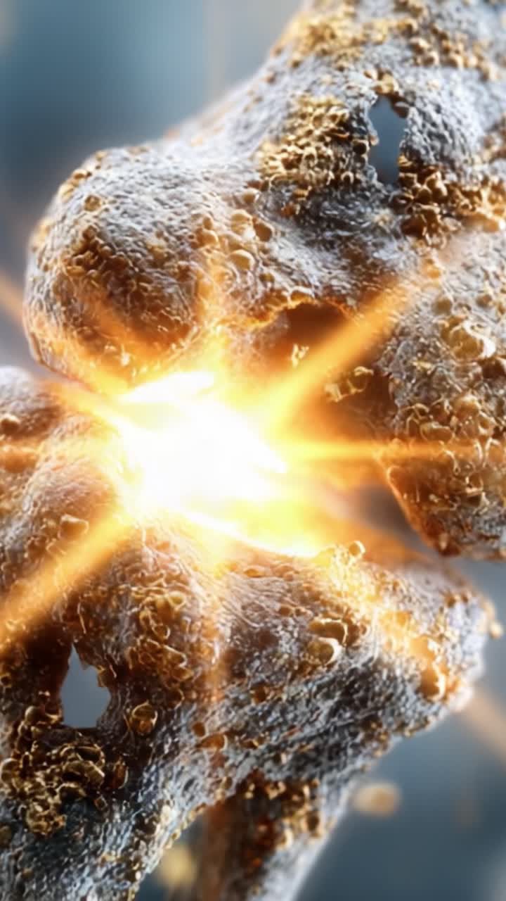 Primo piano di intricate strutture cellulari con fusione dinamica ed elementi luminosi, che mostrano la bellezza dell'interazione microscopica