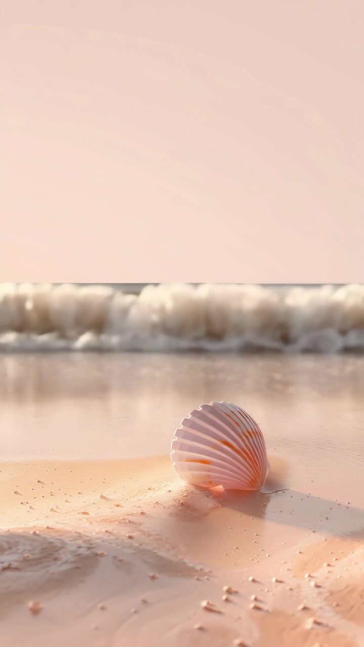Pink Seashell on Sandy Shore with Gentle Ocean Waves