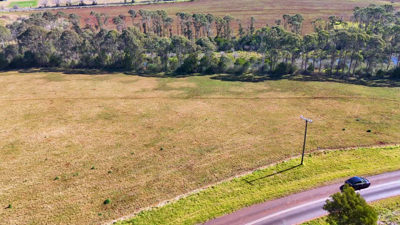 A black car travels along a winding country road bordered by grassy fields and trees in bright daylight, captured in a smooth aerial tracking shot