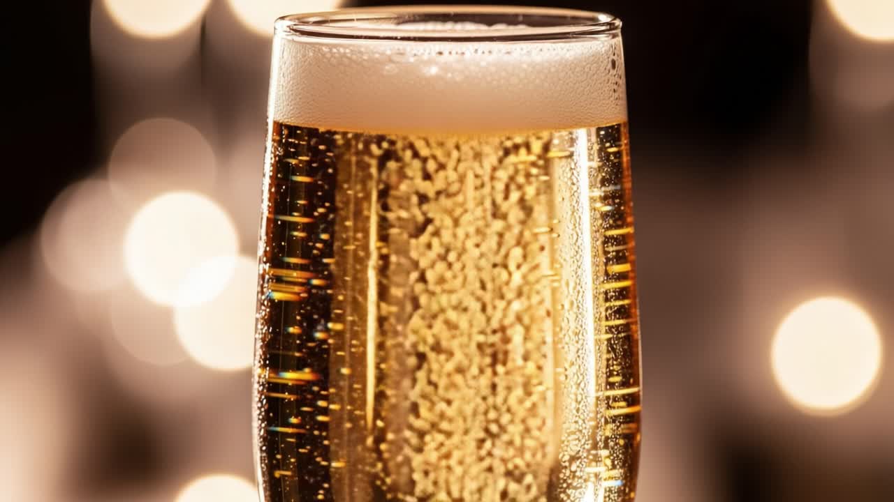 A Captivating Close-Up of a Sparkling Beverage in a Fluted Glass, Showcasing Chaotic Bubbling Effervescence Under Soft, Blurred Lights