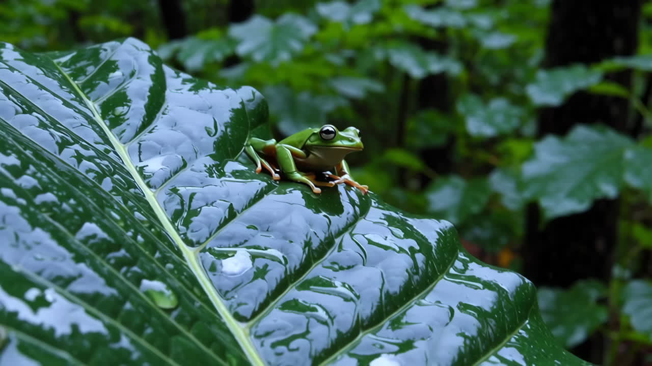 Green Frog on a Wet Leaf