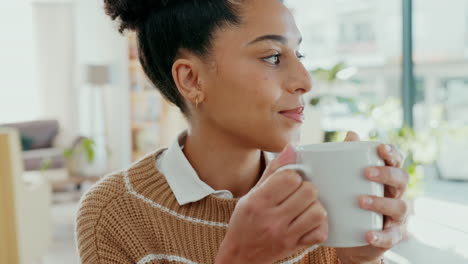 Black-woman,-drink-tea-and-thinking-in-office