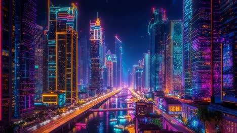 vibrant night cityscape with neon lights