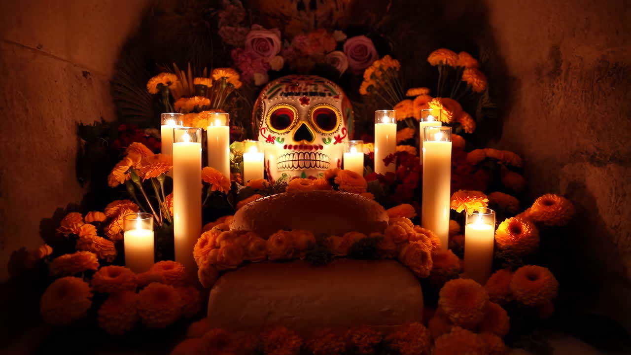 día del altar de los muertos con cráneo de azúcar y velas