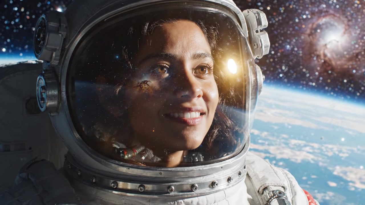 Un viaggio oltre: la prospettiva di un astronauta, che guarda nell'immensità dello spazio con meraviglia e curiosità, catturando la bellezza dell'universo in un viaggio mozzafiato