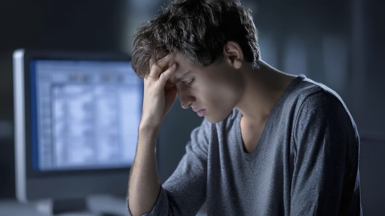A Young Person in Distress: Struggling with Stress and Overwhelm While Staring at a Computer Screen Late at Night, Representing Emotional Burden and Exhaustion
