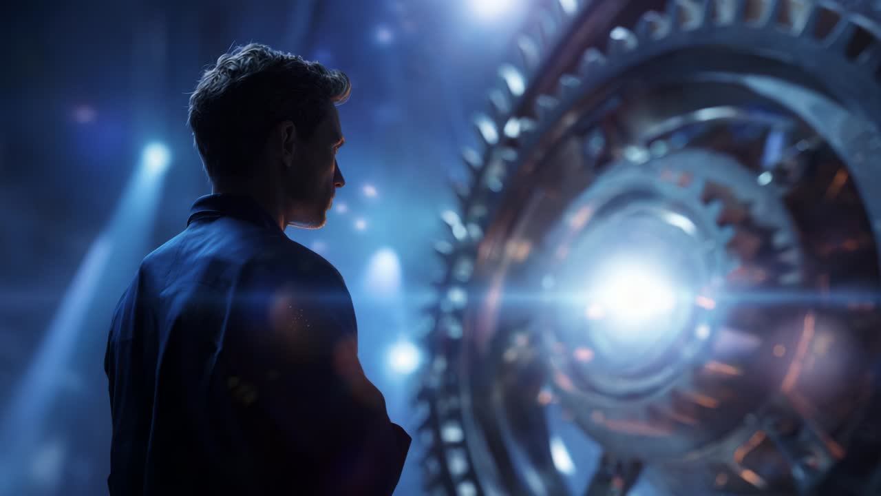 A contemplative figure stands before an enormous, intricately designed gear structure, illuminated by soft blue lights and surrounded by an atmosphere of mystery and mechanical wonder