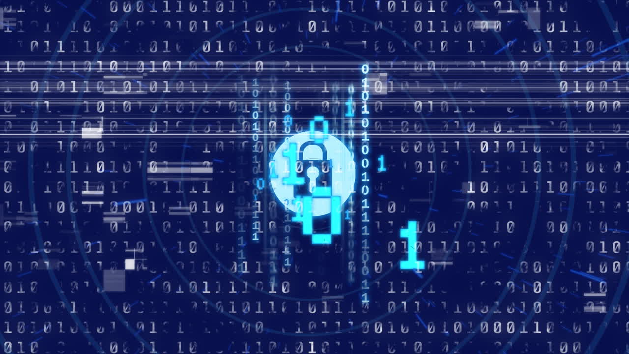 Animation of data processing and padlock icon on blue background