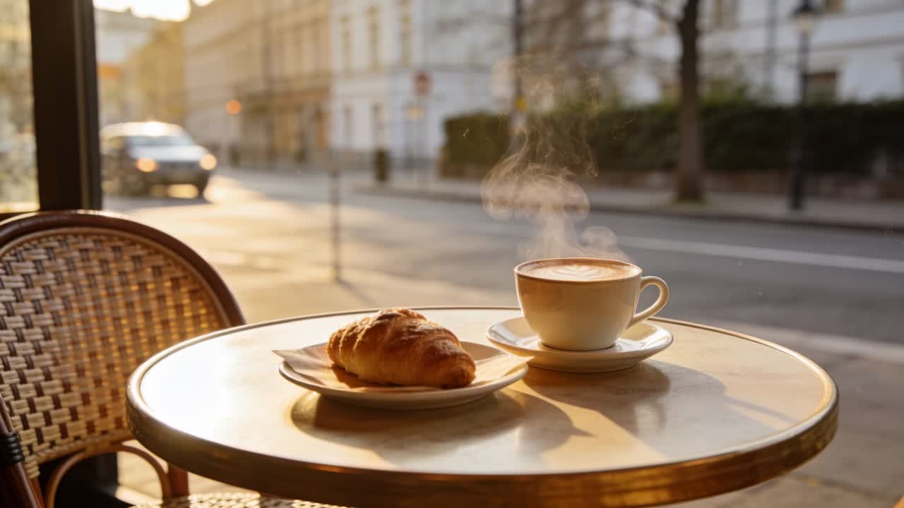 Luce solare che riscalda una tazza bianca su un tavolo da bistrot alla finestra di un caffè, con vapore che sale accanto a un croissant