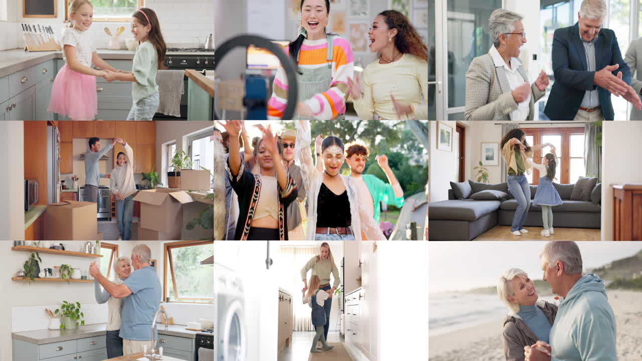 collage, gente y baile para la felicidad