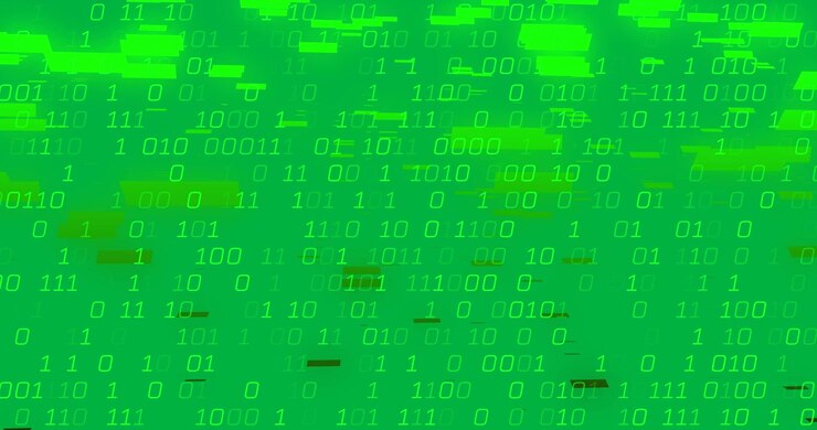 Animation of green binary coding data processing over transparent background