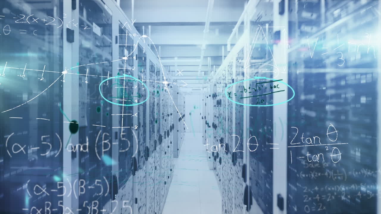 Mathematical equations against empty server room
