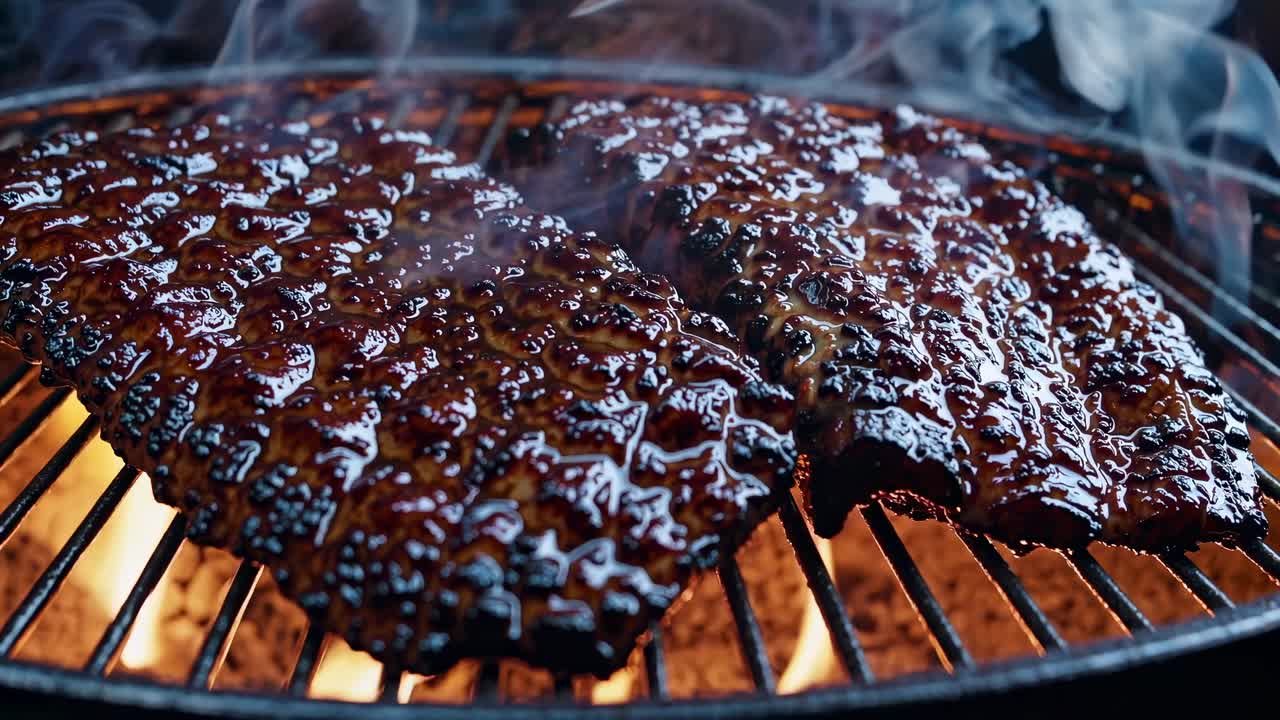 Primo piano, ripresa dal basso di costine sfrigolanti e glassate su una griglia, che cattura il fumo