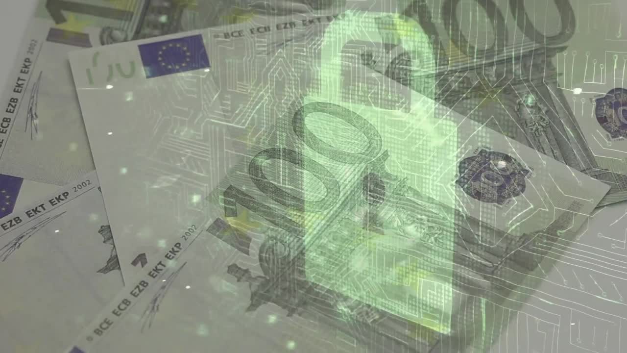 animación de un circuito integrado y un candado de seguridad sobre billetes de euro que caen