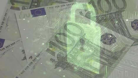 animation of integrated circuit and security padlock over falling euro banknotes