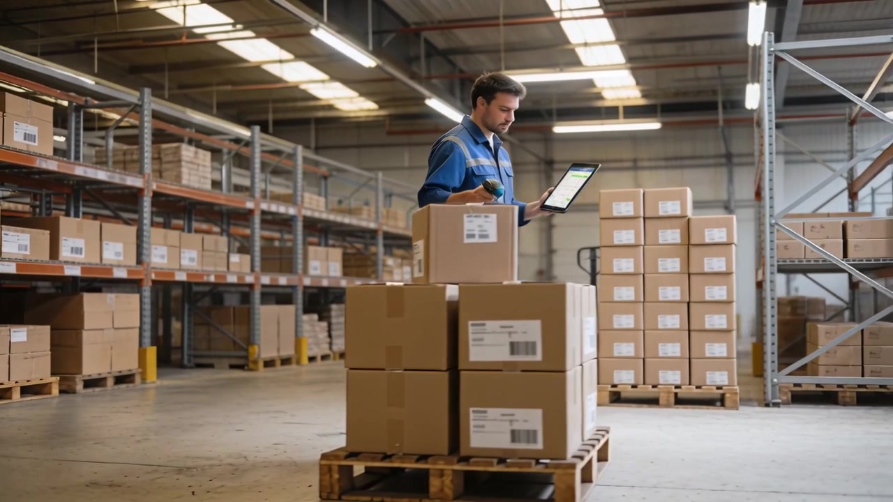 Uomo in tuta blu cammina in magazzino, controlla un tablet e scansiona scatole con uno scanner, spazio per la copia.