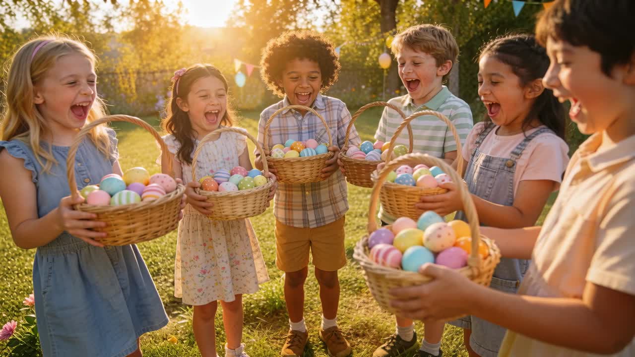 画面外からの合図に応答し、6人の子供たちが庭で籐のバスケットを差し出しており、旗飾りと風船が見える。