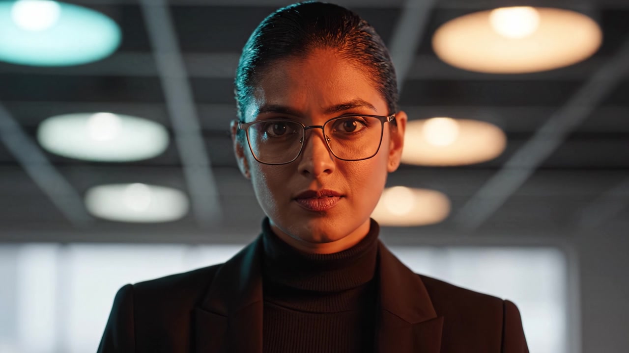 Confident Professional Staring Ahead: Dynamic Lighting and Elegant Fashioning in a Modern Workspace Setting Emphasizing Strength and Determination