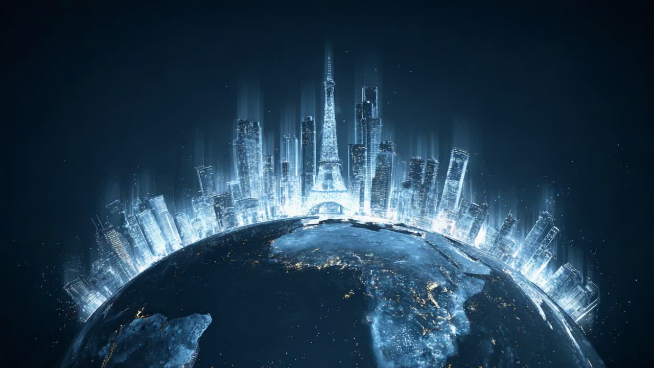 Futuristic city skyline with the Eiffel Tower rises from the planet's surface in a glowing blue hologram, representing concepts of globalization, advanced technology, and urban expansion