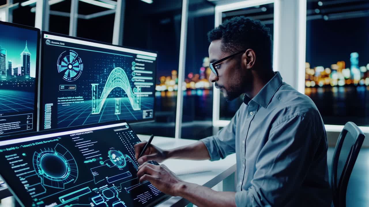 Modern Programmer at Work in a Futuristic Office