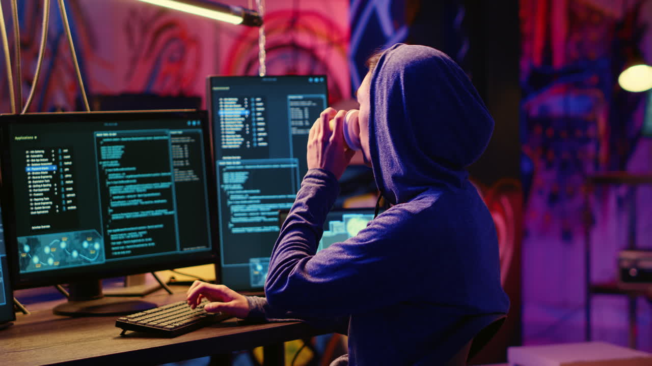 Hacker drinks coffee while hacking