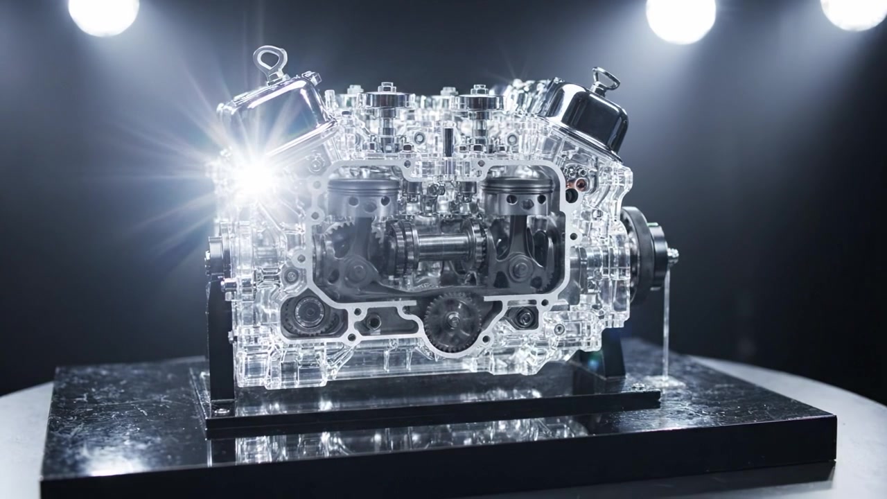 Detailed and Transparent Car Engine Showcasing Inner Mechanics and Innovative Design in Dramatic Lighting for Automotive Enthusiasts
