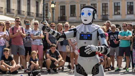 an engaging performance by a humanoid robot captivates an enthusiastic audience in a bustling urban setting, showcasing the future of entertainment and technology