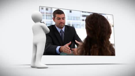 un personaje en 3d mirando a dos hombres de negocios que hablan