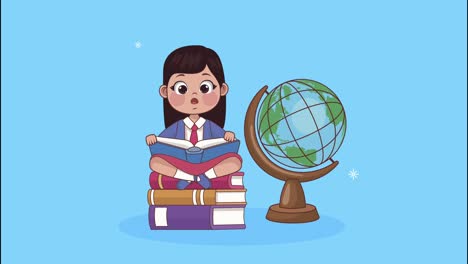 chica estudiante sentada en libros leyendo libros y mapas de la tierra