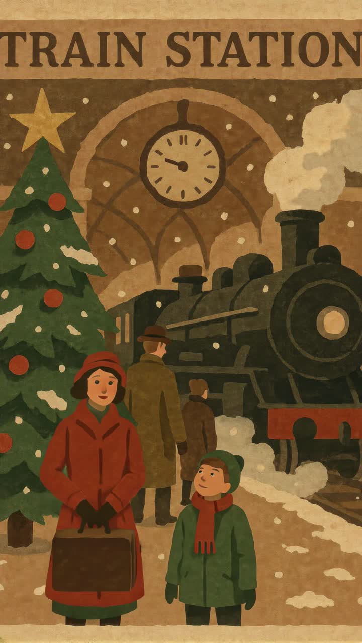 Vintage-style illustration of a train station with a steam engine, viewed from a low angle