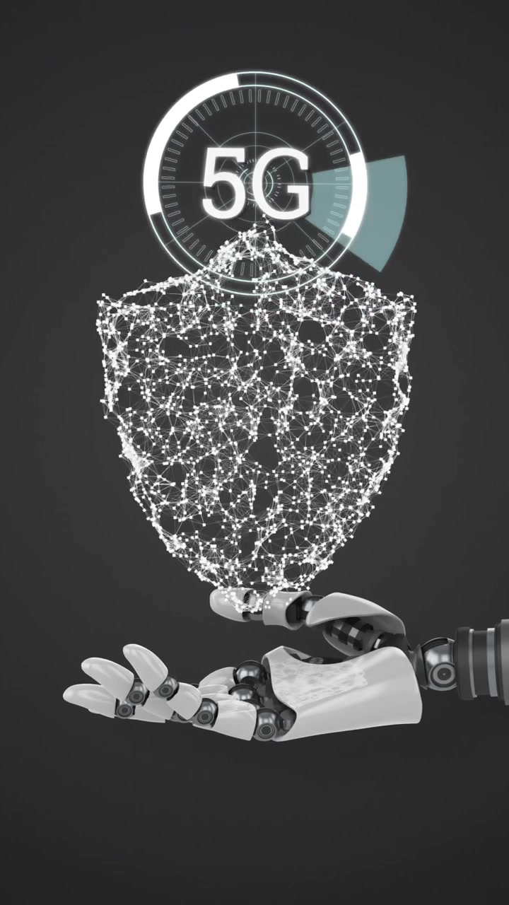 Mani robotiche che tengono un lucchetto virtuale e uno scudo con 5G in cerchi 4k