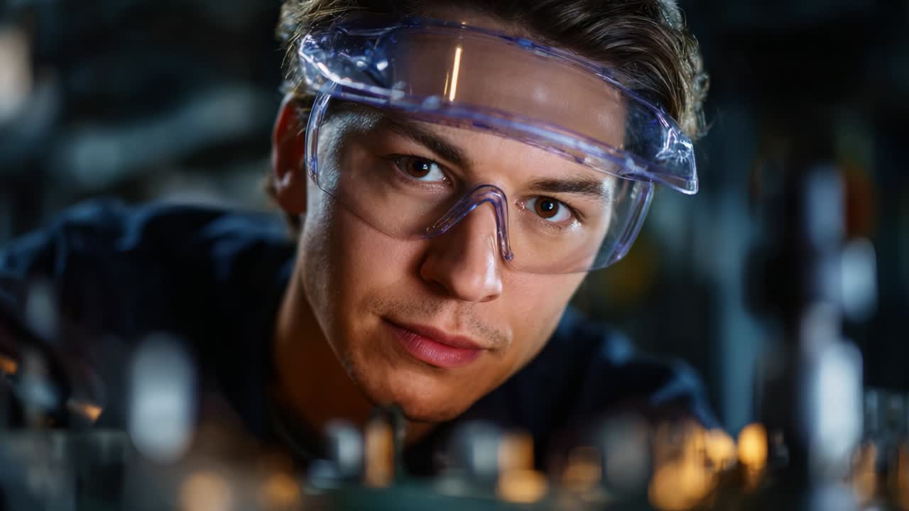 Focused Technician in Safety Goggles Engaged in Precision Work, Highlighting Expertise and Skill in Technical Environment, Surrounded by Tools and Equipment, Capturing the Essence of Industrial Attention to Detail
