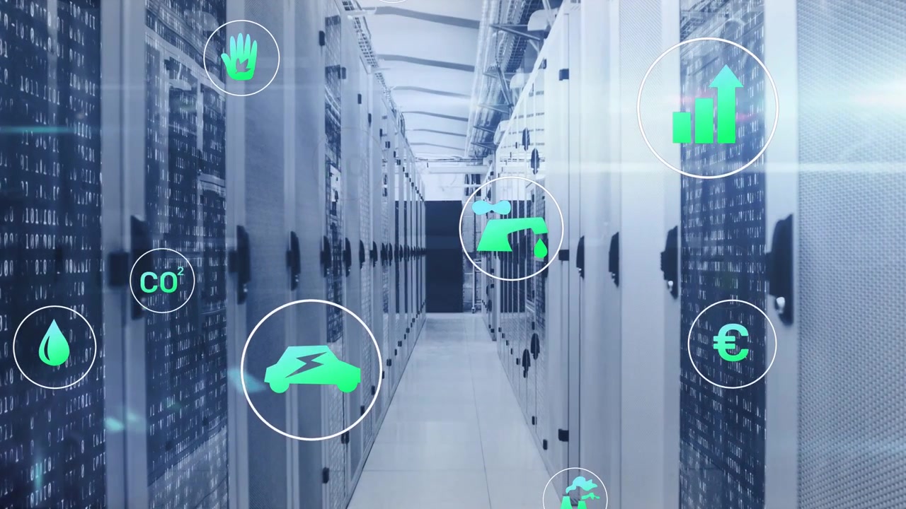 Skærm sender telemetri i datacentergang, grønne ikoner driver og viser diagram for energi