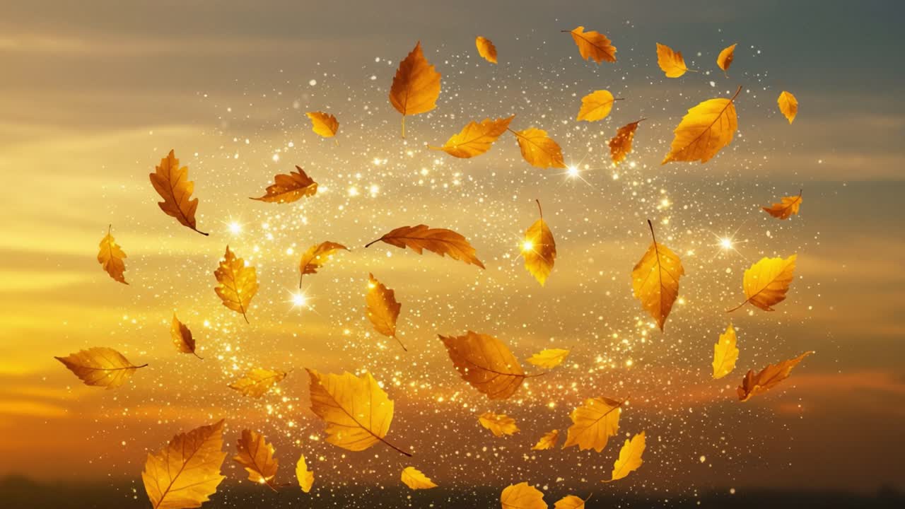 A Whimsical Dance of Autumn Leaves: Capturing the Golden Beauty of Falling Foliage Surrounded by a Magical Glow in the Serene Evening Sky