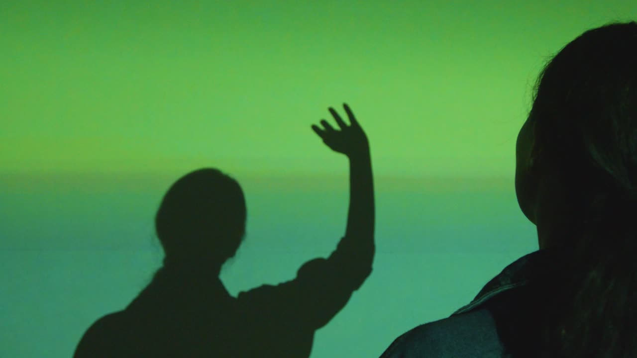 Silhouette Of Woman Visiting Immersive Art Exhibition With Projection Of Shapes And Patterns On Wall 4