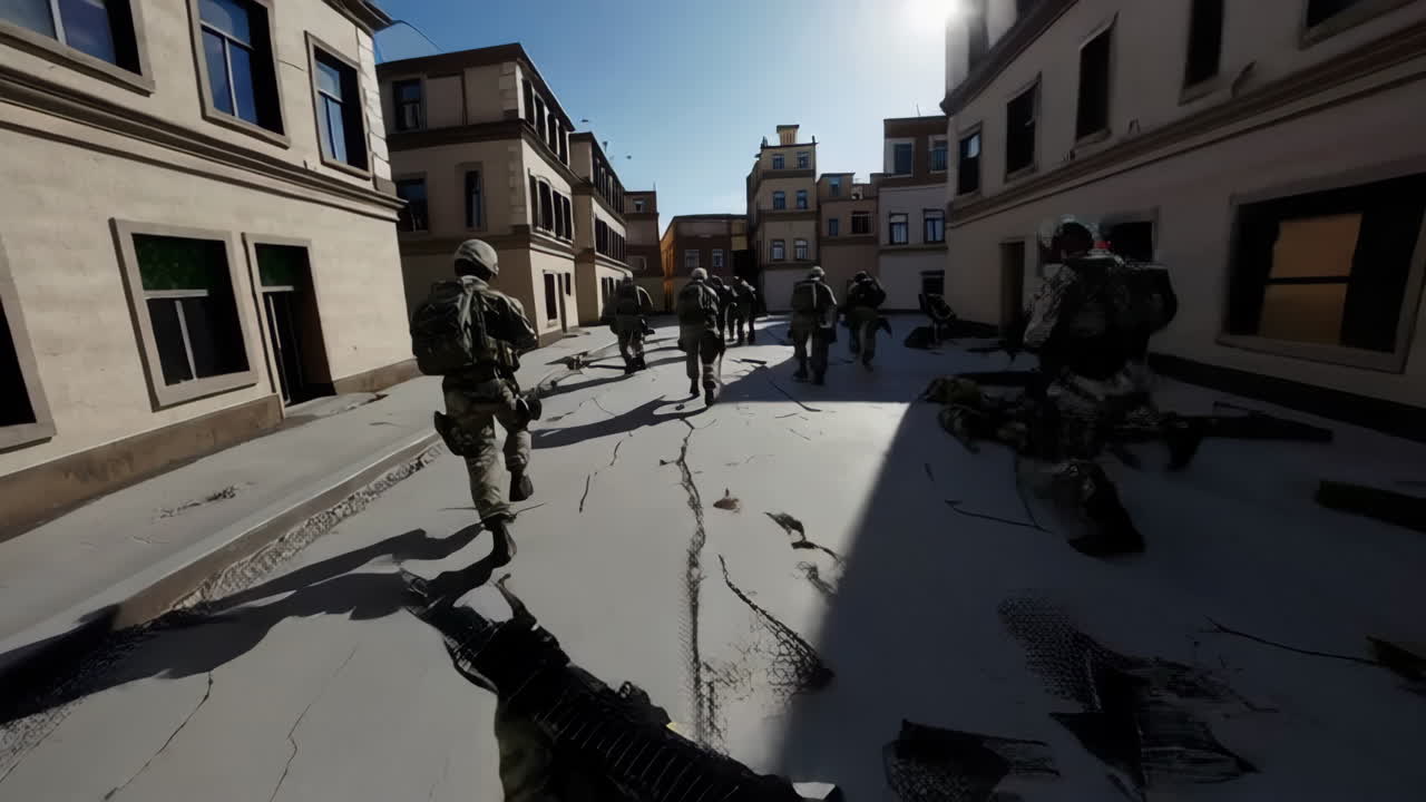 Soldiers in a Damaged City Street