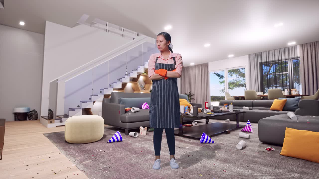 Full Body Of Offended Asian Female Housekeeper With An Apron Crossing Her Arms And Looking Around While Standing In House
