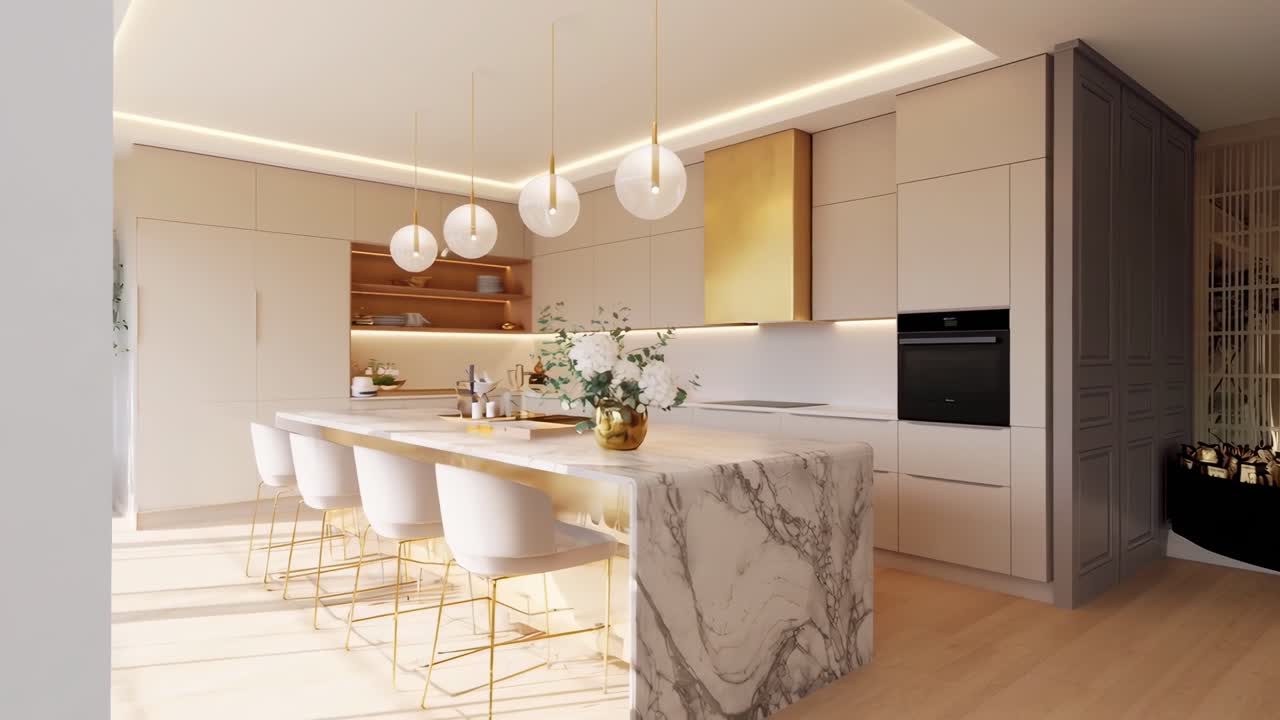 Video di una cucina moderna con visuale grandangolare, che mostra un'isola in marmo e lampade a sospensione