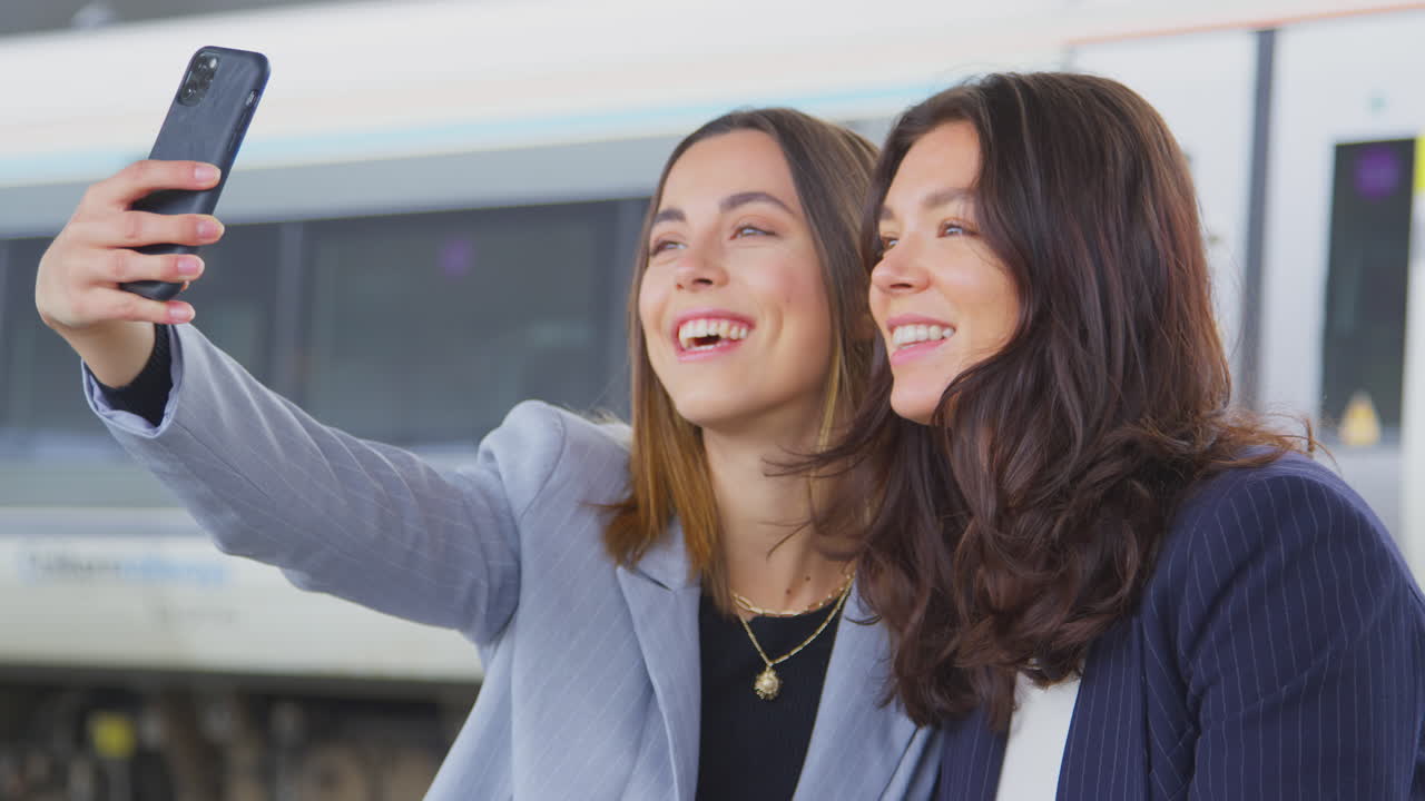 mujeres de negocios que viajan al trabajo esperando el tren en la plataforma de la estación tomando selfies en el teléfono móvil