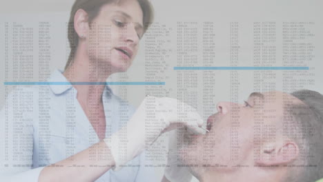 examining patient's mouth, dentist with medical data processing animation overlay