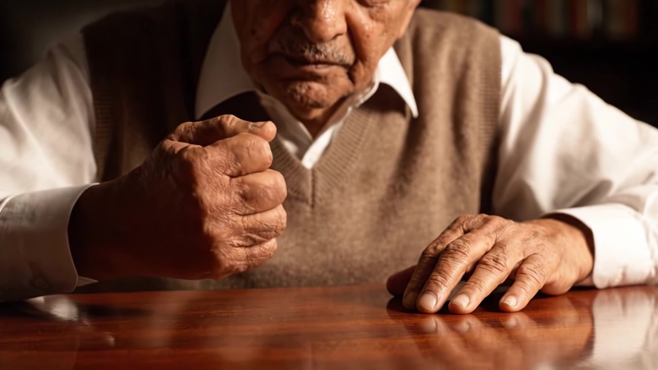 Un momento contemplativo catturato mentre un uomo anziano appoggia le mani su un tavolo, rivelando texture ed emozioni attraverso il delicato invecchiamento della sua pelle e la superficie lucida sottostante